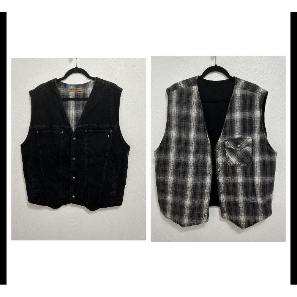 Vintage 90s Levis Black Denim Shadow Plaid Flannel Lined Snap Vest XL Reversible